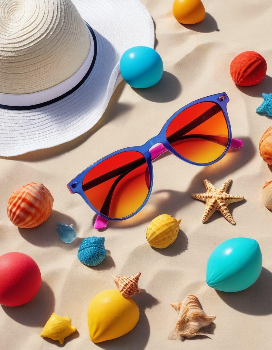 A stylish beach scene featuring an array of colorful sunglasses placed on a sandy beach, with crystal clear water and a bright sun in the background. Include vibrant beachwear accessories such as hats and towels around the sunglasses, creating an inviting atmosphere. Add playful beach balls and seashells scattered throughout for a fun summer vibe. super-realistic. vibrant colors. white background.