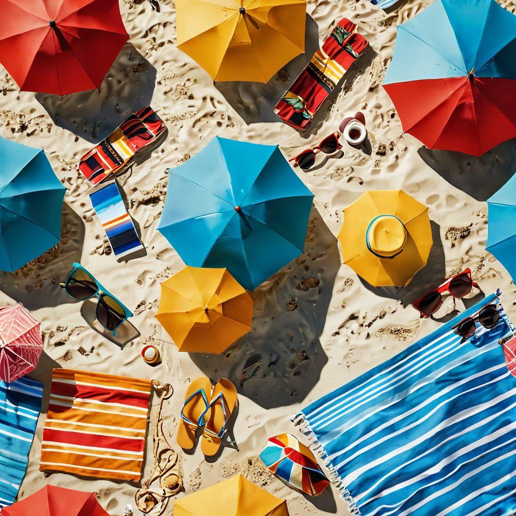 A beautiful beach scene showcasing a diverse group of friends in stylish swimwear and trendy footwear. The sun is shining brightly, and the ocean waves are gently rolling in, adding a sense of relaxation and fun. Incorporate colorful beach umbrellas, vibrant towels spread out on the sand, and fashionable accessories like sunglasses and hats. The mood should be cheerful and summery, evoking a sense of joy and adventure. super-realistic. vibrant colors. summer vibes.